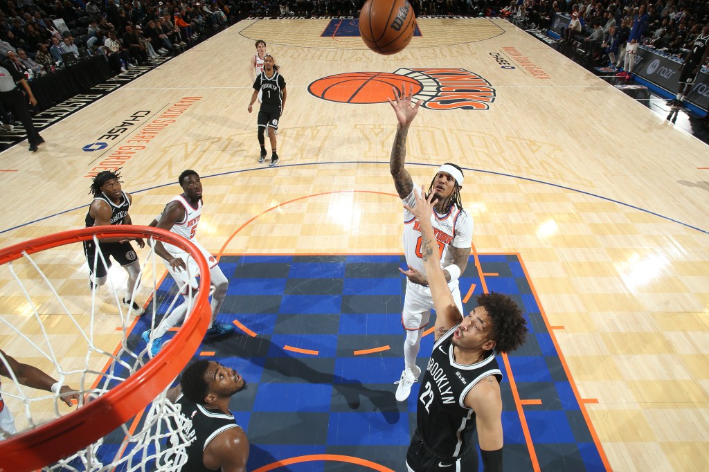 Jordan Clarkson, who only played during garbage time, shoots a floater during the Knicks' 120-66 blowout win over the Nets on Jan. 21, 2026 at Madison Square Garden.