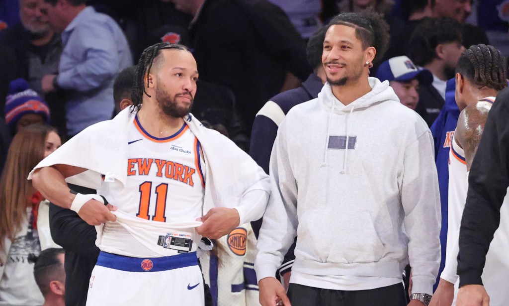 Josh Hart, who could return to the Knicks lineup Sunday against Portland, shares a laugh with Jalen Brunson during the Knicks' win over the Clippers on Jan. 7, 2025 at Madison Square Garden.