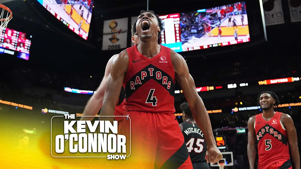 Toronto Raptors forward Scottie Barnes (4) reacts after being fouled during the second half of an NBA basketball game against the Miami Heat