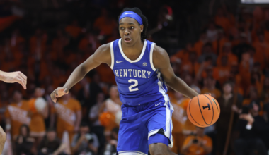 Jan 17, 2026; Knoxville, Tennessee, USA; Kentucky Wildcats guard Jasper Johnson (2) brings the ball up court against the Tennessee Volunteers during the second half at Thompson-Boling Arena at Food City Center. Mandatory Credit: Randy Sartin-Imagn Images