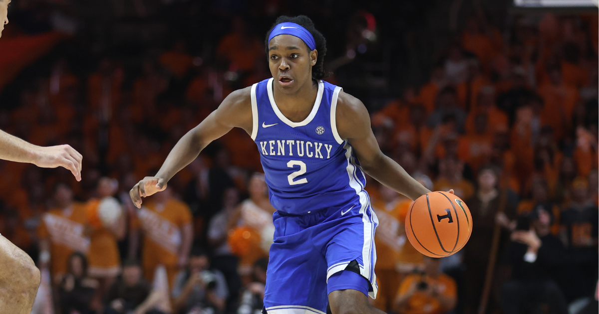 Jan 17, 2026; Knoxville, Tennessee, USA; Kentucky Wildcats guard Jasper Johnson (2) brings the ball up court against the Tennessee Volunteers during the second half at Thompson-Boling Arena at Food City Center. Mandatory Credit: Randy Sartin-Imagn Images