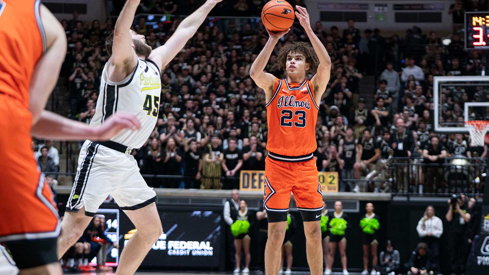 Illinois Fighting Illini guard Keaton Wagler (23) shoots a three pointer during the first half against the Purdue Boilermakers at Mackey Arena.