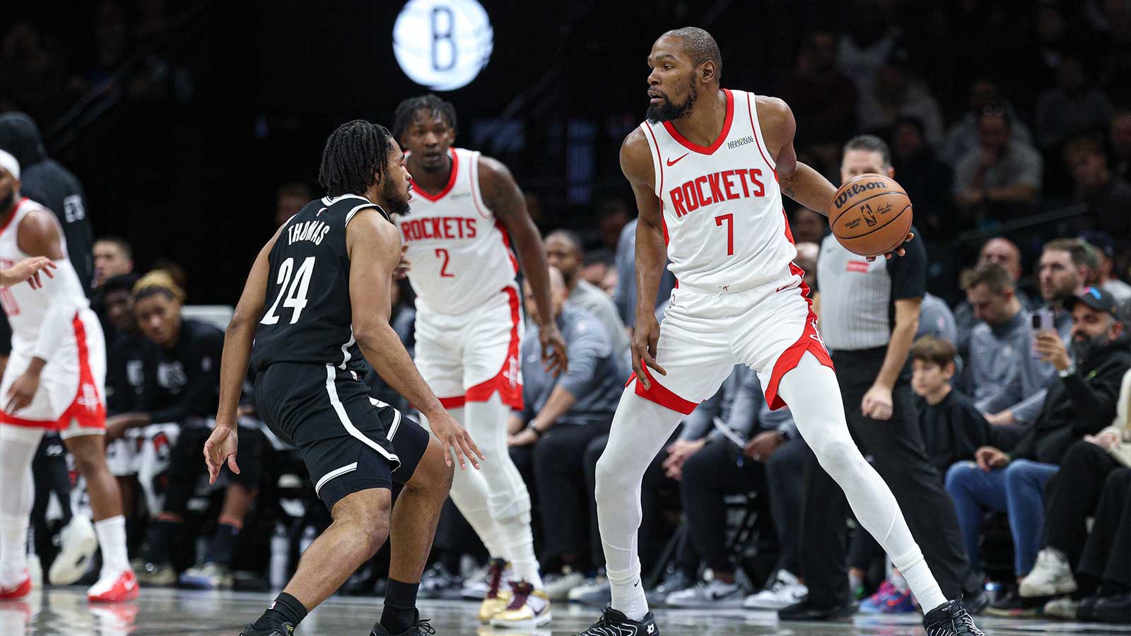 Houston Rockets forward Kevin Durant (7) is guarded by Brooklyn Nets guard Cam Thomas (24) during the first half at Barclays Center.