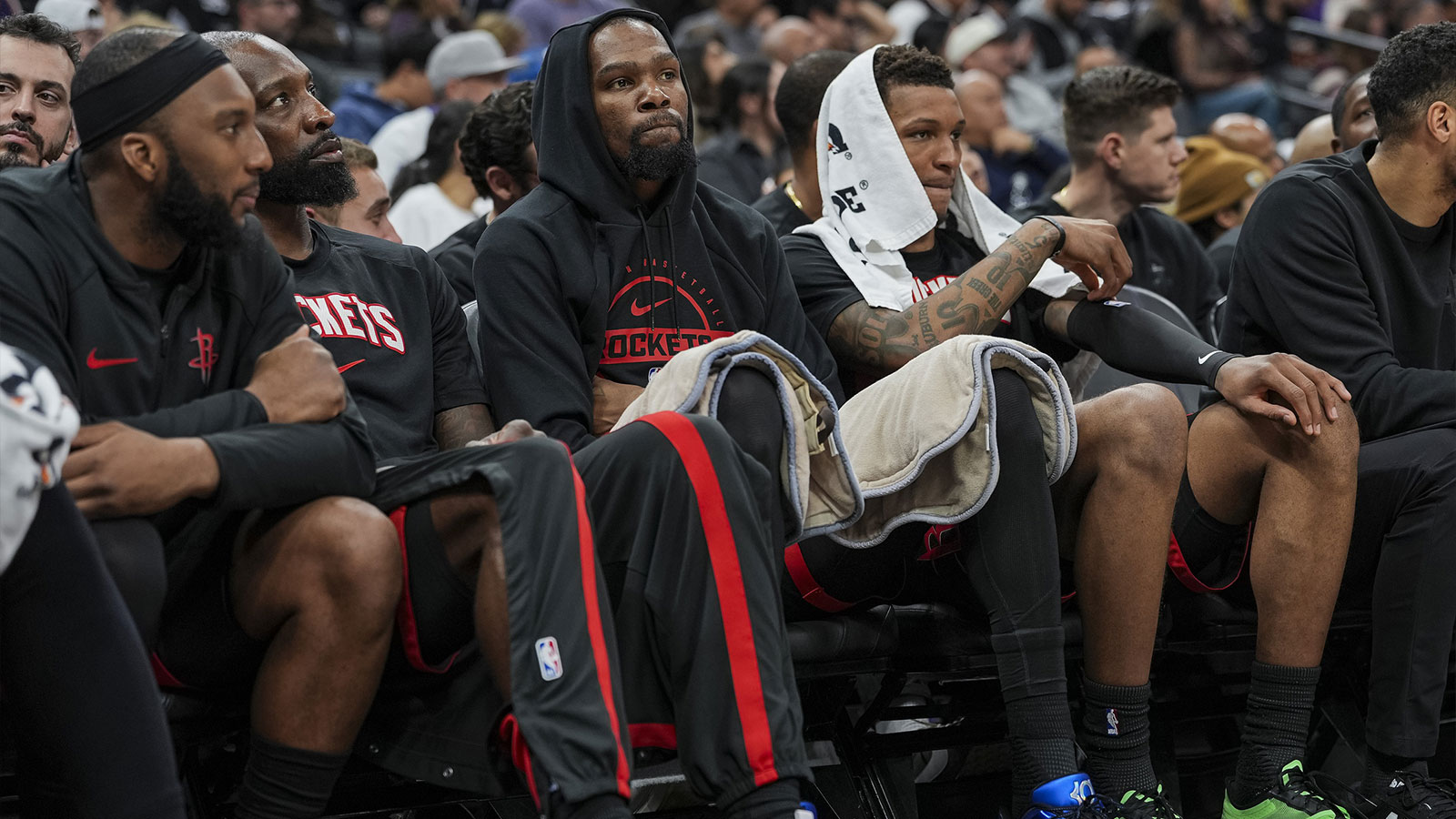 Houston Rockets forward Kevin Durant (7) looks on from the bench during the third quarter against the Sacramento Kings at Golden 1 Center.