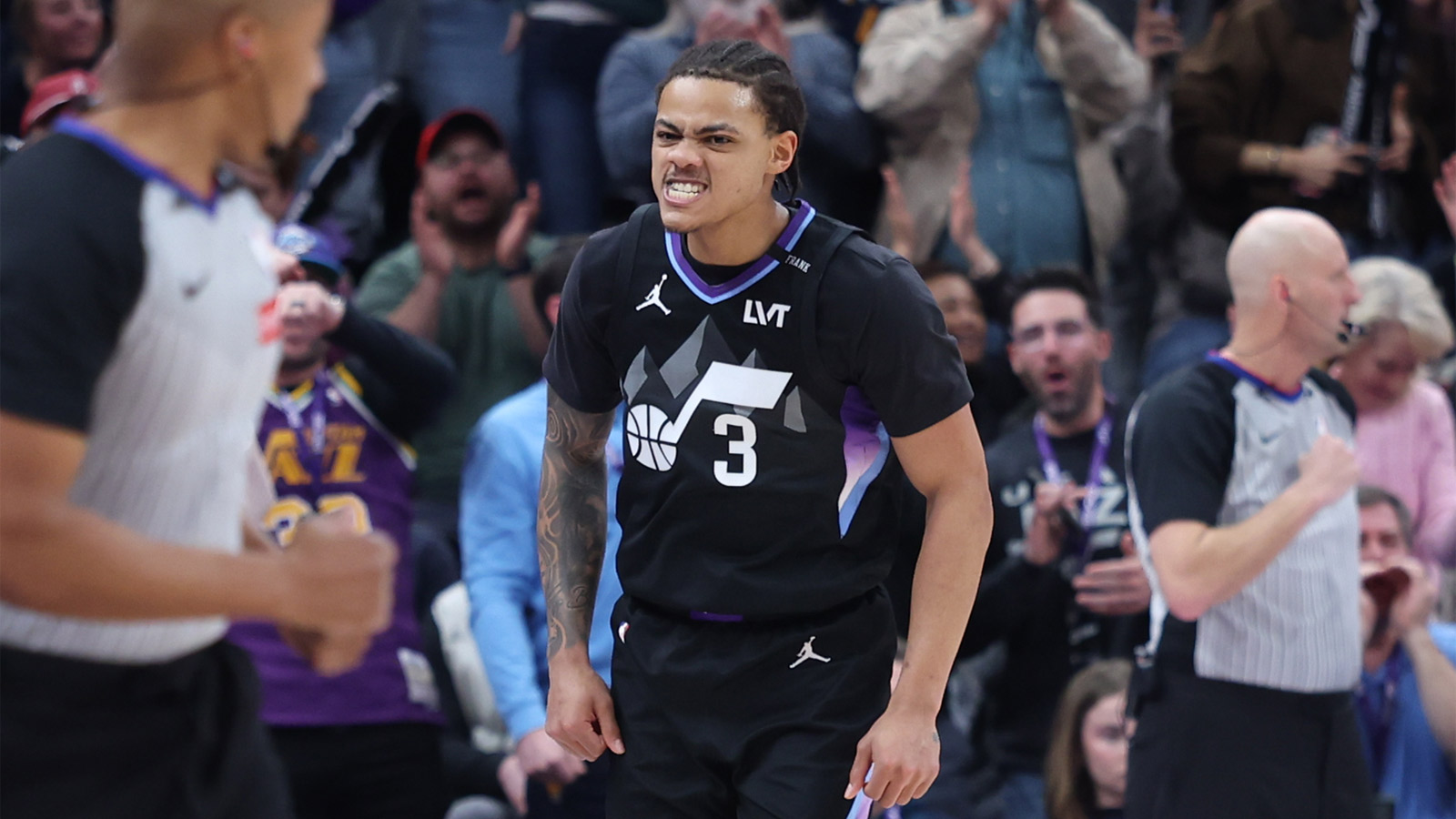 Utah Jazz guard Keyonte George (3) reacts after making a three point basket against the Minnesota Timberwolves during the second half at Delta Center.