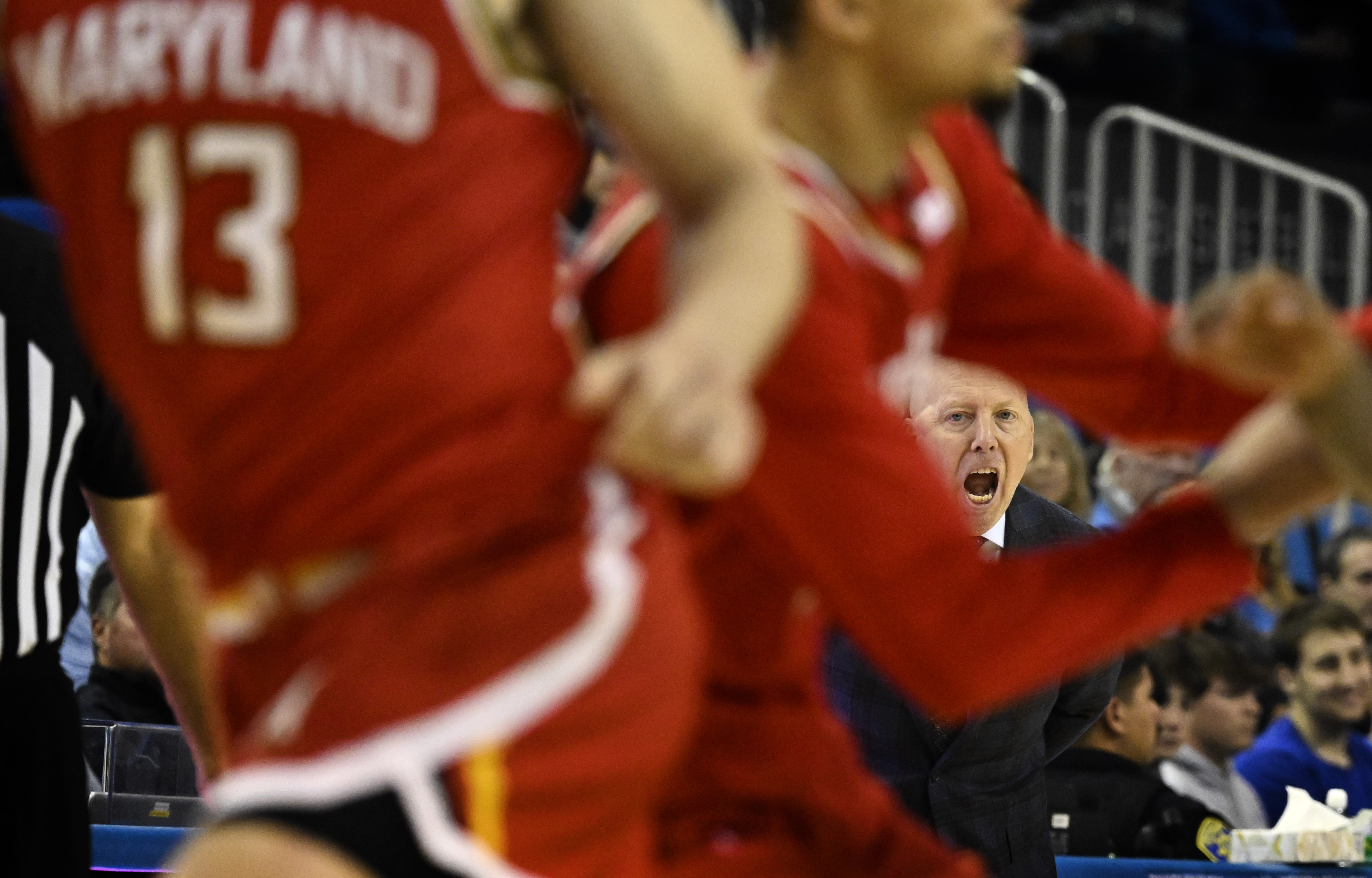 Head coach Mick Cronin of the UCLA Bruins reacts against...