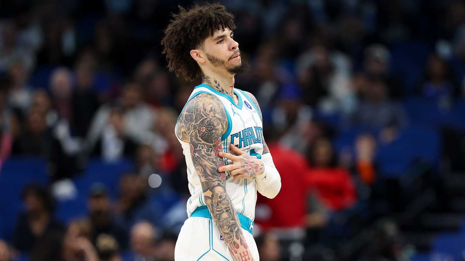 Charlotte Hornets guard LaMelo Ball (1) reacts after making a three-point basket against the Orlando Magic in the third quarter at Kia Center.