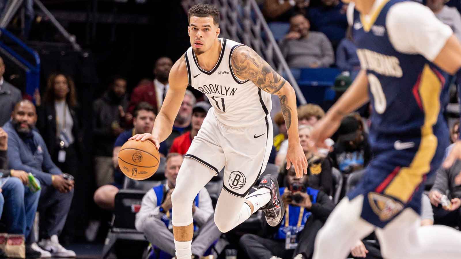 Jan 14, 2026; New Orleans, Louisiana, USA; Brooklyn Nets forward Michael Porter Jr. (17) brings the ball up court against the New Orleans Pelicans during the first half at Smoothie King Center. Mandatory Credit: Stephen Lew-Imagn Images