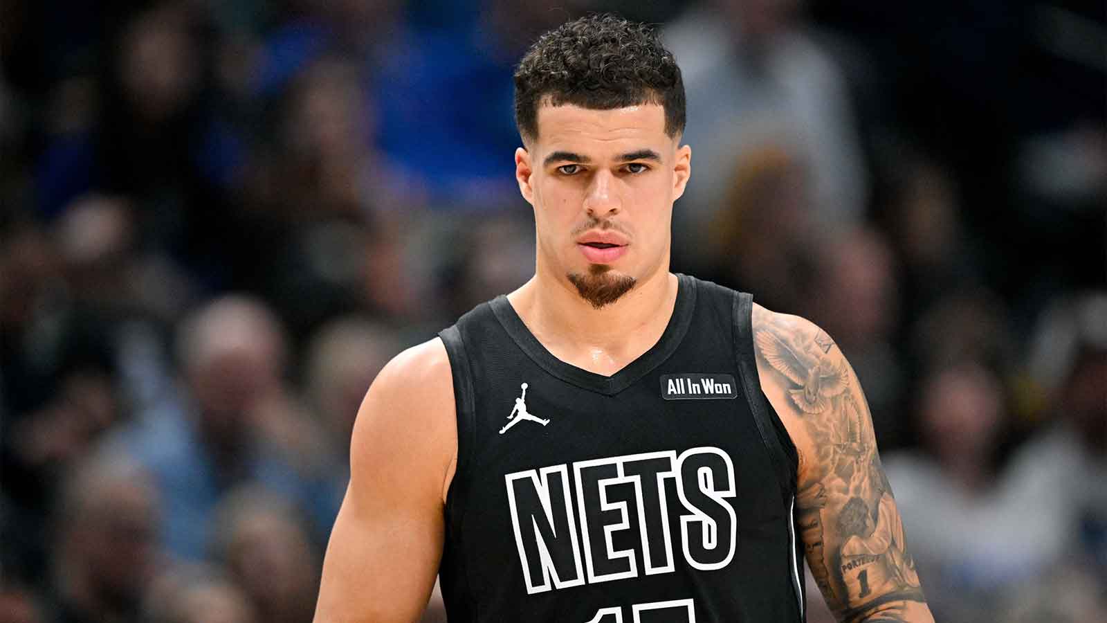 Jan 12, 2026; Dallas, Texas, USA; Brooklyn Nets forward Michael Porter Jr. (17) looks on during the first quarter against the Dallas Mavericks at the American Airlines Center. Mandatory Credit: Jerome Miron-Imagn Images