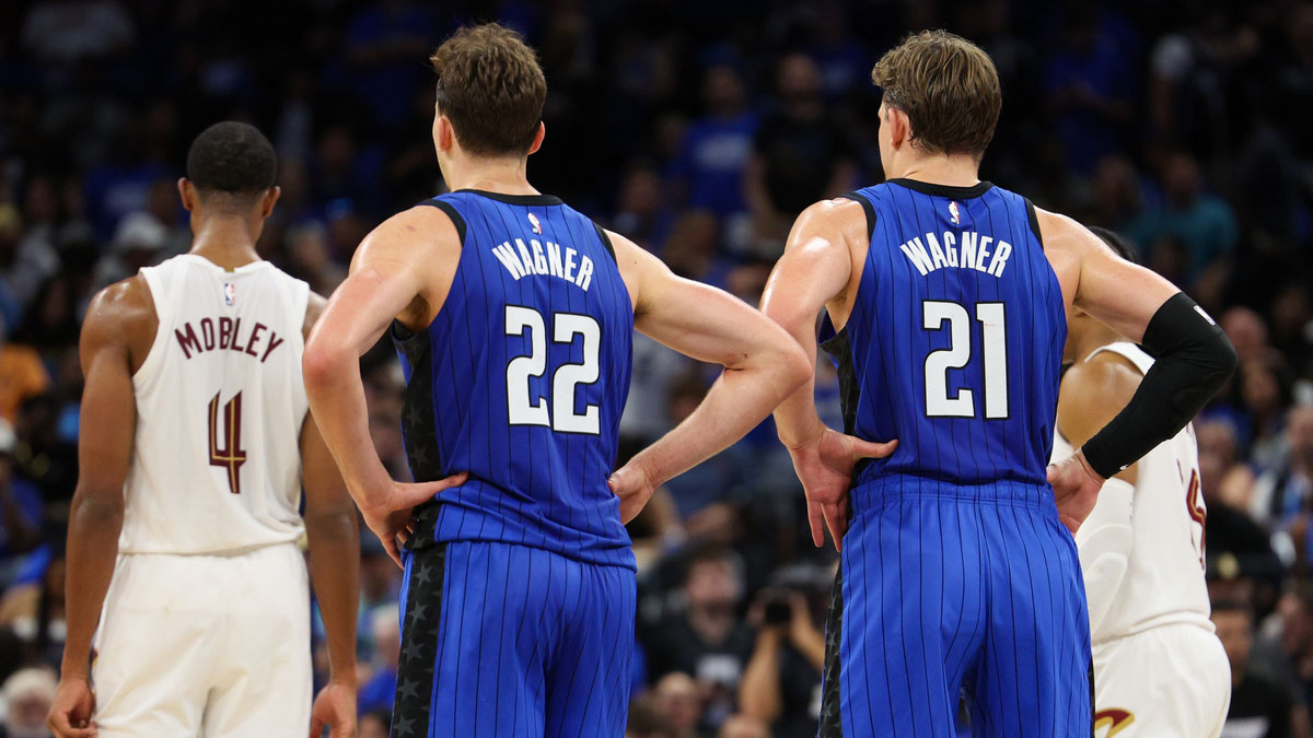 Orlando Magic center Moritz Wagner (21) and forward Franz Wagner (22) looks on in a time out against the Cleveland Cavaliers in the fourth quarter during game four of the first round for the 2024 NBA playoffs at Kia Center.