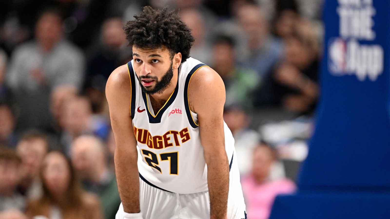 Denver Nuggets guard Jamal Murray (27) looks on during the second quarter against the Dallas Mavericks at the American Airlines Center.