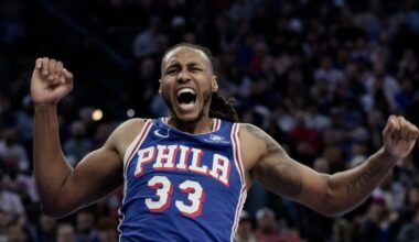 Sixers # 33 Jabari Walkers yells after stealing the ball from Clevelands’s # 20 Jaylon Tyson, then dunking it in the second half of the Cleveland Cavaliers vs. Philadelphia 76ers (Sixers) NBA game at Xfinity Mobile Arena in Philadelphia on Wednesday, Jan. 14, 2026.