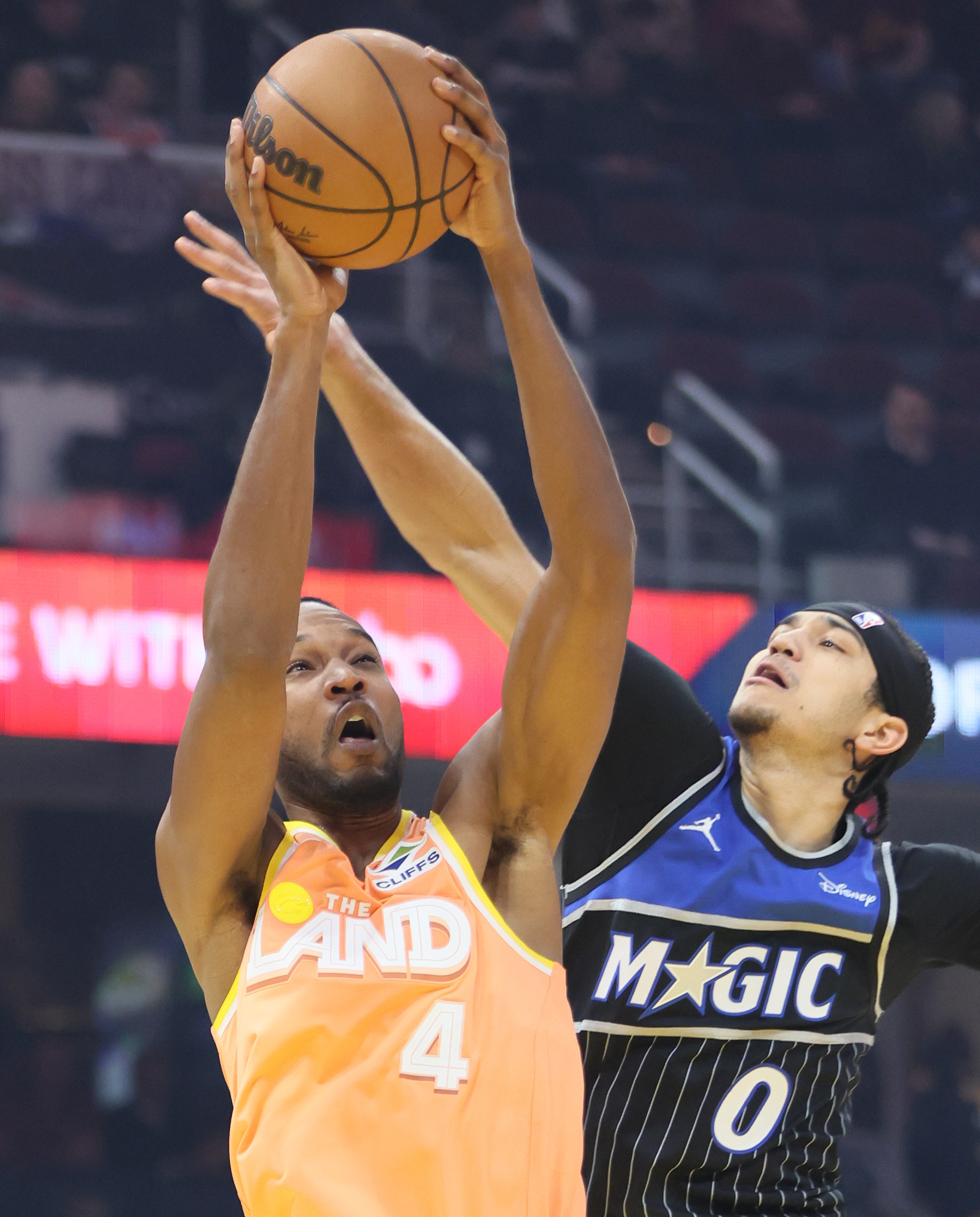 Cleveland Cavaliers center Evan Mobley takes a shot attempt guarded by Orlando Magic guard Anthony Black in the first half at Rocket Arena. 