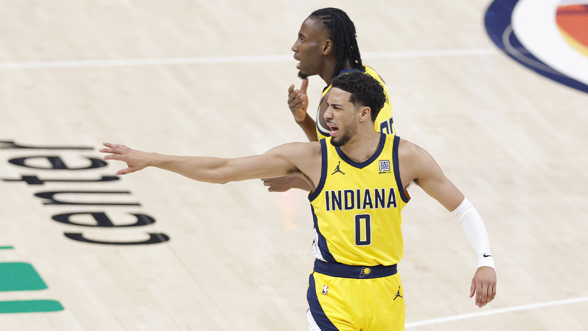 Indiana Pacers guard Tyrese Haliburton (0) reacts after a play against the Oklahoma City Thunder during the first half of game seven of the 2025 NBA Finals.