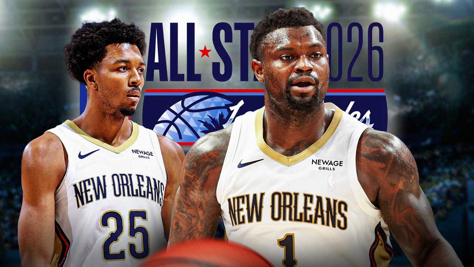 Zion Williamson, Trey Murphy III, NBA All-Star Game/Weekend logo (background)