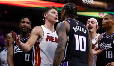 Miami Heat's Pell Larsson stands ground vs. Sacramento Kings