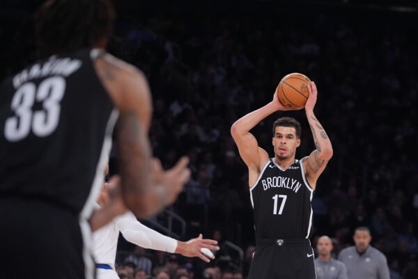 Brooklyn Nets' Michael Porter Jr. (17) looks to pass during the second half of an NBA basketball game against the New York Knicks Wednesday, Jan. 21, 2026, in New York. (AP Photo/Frank Franklin II)