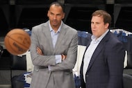Dallas Mavericks governor Patrick Dumont (right) watches the team warm up with general...
