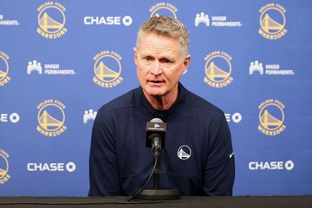 Steve Kerr speaks prior to the start of an NBA game between the Golden State Warriors and Minnesota Timberwolves at Target Center on January 25, 2026 in Minneapolis, Minnesota. (Photo by David Berding/Getty Images)