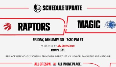 ESPN NBA schedule update: Toronto Raptors visit Orlando Magic on January 30
