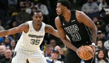 Brooklyn Nets center Day'ron Sharpe (20) handles the ball against Memphis Grizzlies center Christian Koloko (35) in the first half of an NBA basketball game Sunday, Jan. 11, 2026, in Memphis, Tenn. (AP Photo/Brandon Dill)