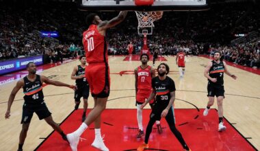 Houston Rockets forward Jabari Smith Jr. (10) dunks during the first half of an NBA basketball game against the San Antonio Spurs in Houston, Tuesday, Jan. 20, 2026. (AP Photo/Ashley Landis)