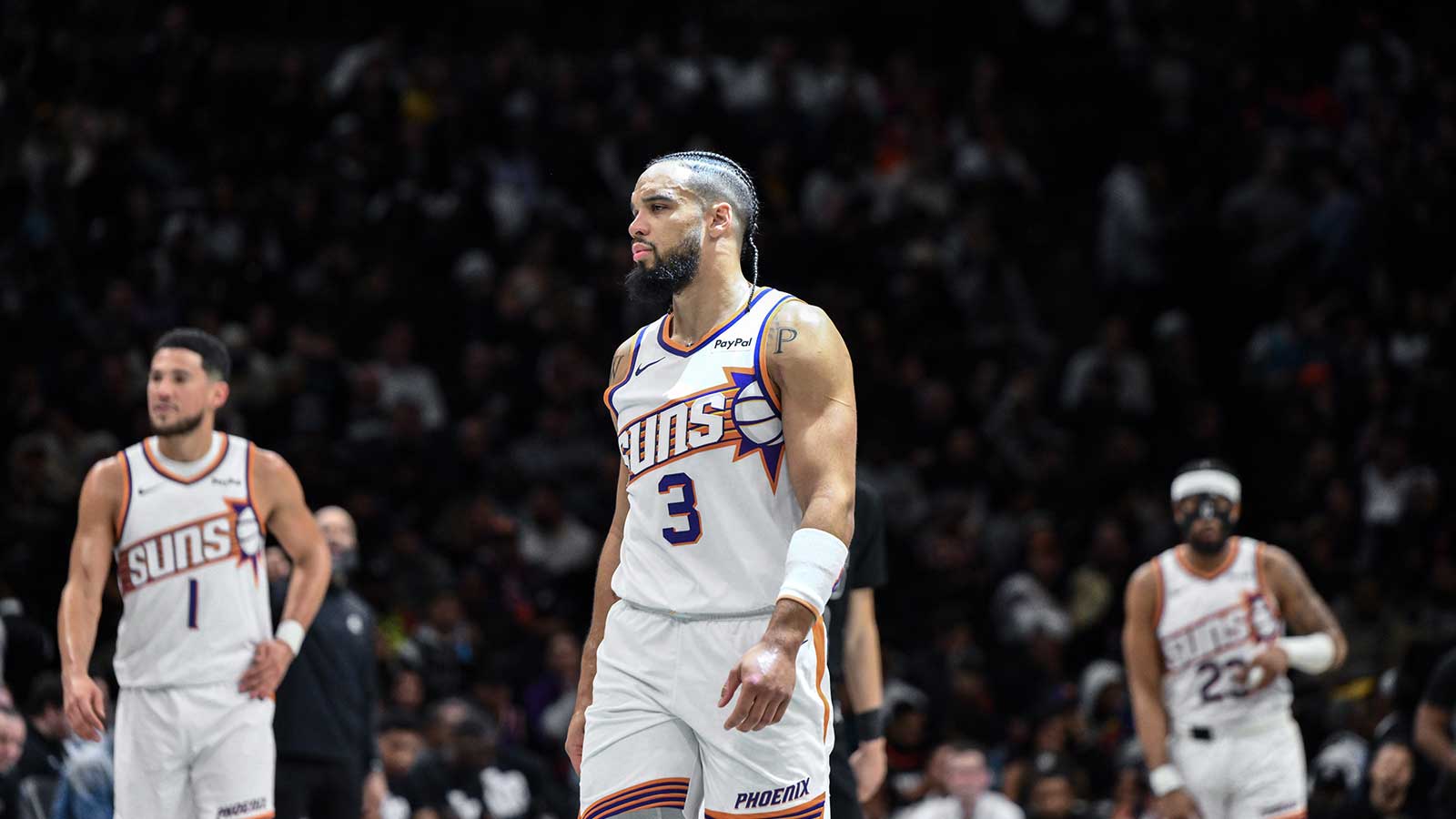 Phoenix Suns guard/forward Dillon Brooks (3) looks on against the Brooklyn Nets during the first half at Barclays Center.
