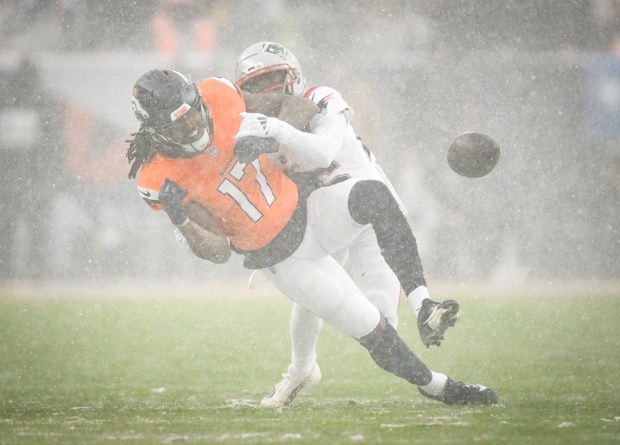 Marcus Jones (25) of the New England Patriots breaks up a pass intended for Lil'Jordan Humphrey (17) of the Denver Broncos during the fourth quarter of the Patriots' 10-7 AFC Championship Game win at Empower Field at Mile High in Denver on Sunday, Jan. 25, 2026. (Photo by AAron Ontiveroz/The Denver Post)
