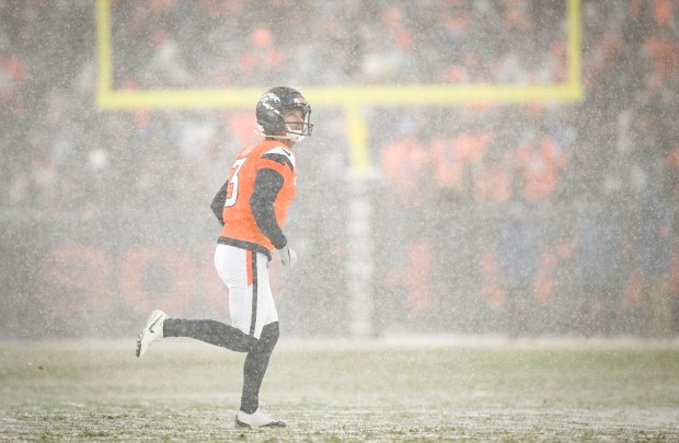 Wil Lutz (3) of the Denver Broncos jogs off the field after missing a game-tying field goal during the fourth quarter of the New England Patriots' 10-7 AFC Championship Game win at Empower Field at Mile High in Denver on Sunday, Jan. 25, 2026. (Photo by AAron Ontiveroz/The Denver Post)
