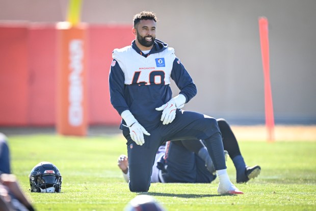 Justin Strnad (40) of the Denver Broncos stretches during practice at Broncos Park in Centennial on Thursday, Jan. 22, 2026. (Photo by AAron Ontiveroz/The Denver Post)