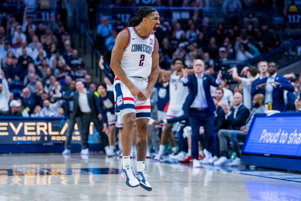 UConn's Silas Demary Jr. reacts during the first half of an NCAA men's basketball game against the Providence Friars at Harry A. Gampel Pavilion on January 27, 2026. (Joe Buglewicz/Getty Images)