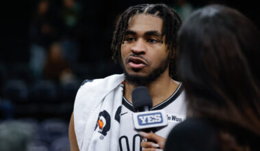Brooklyn Nets guard Cam Thomas is interviewed after an NBA basketball game against the Minnesota Timberwolves, Saturday, Dec. 27, 2025, in Minneapolis. (AP Photo/Bailey Hillesheim)