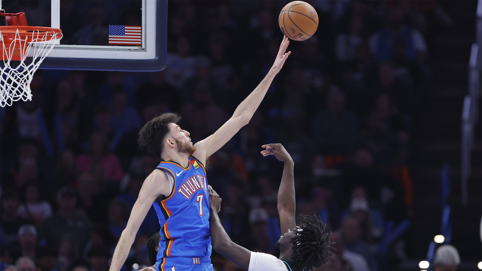 Thunder center Chet Holmgren (7) blocks a shot by Portland Trail Blazers guard Sidy Cissoko (91) during the second half at Paycom Center