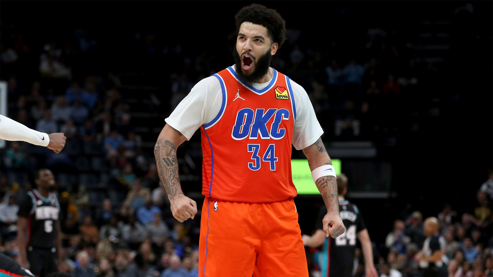 Thunder guard Kenrich Williams (34) reacts during the fourth quarter against the Memphis Grizzlies at FedExForum
