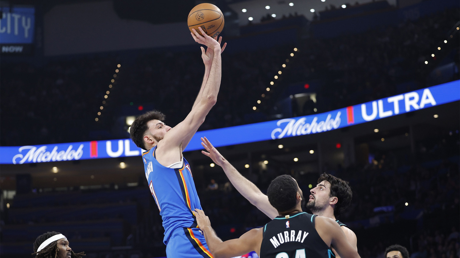 Thunder center Chet Holmgren (7) shoots against the Portland Trail Blazers during the second half at Paycom Center
