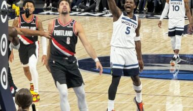 Timberwolves Anthony Edwards after shooting a successful free throw.