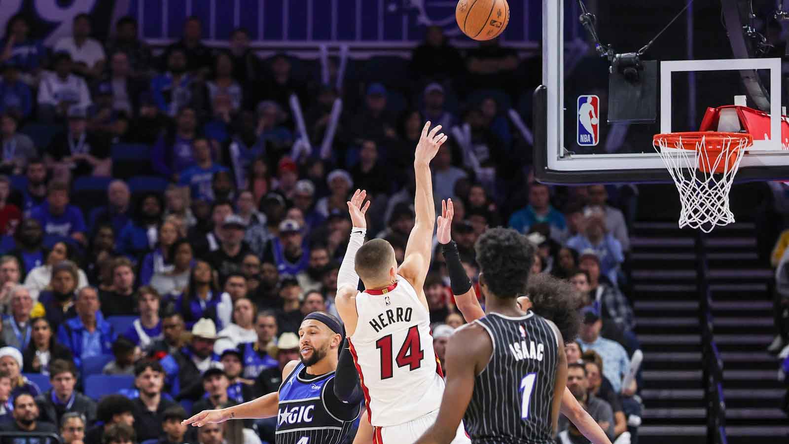 Miami Heat guard Tyler Herro (14) shoots during the second half against the Orlando Magic at Kia Center. 