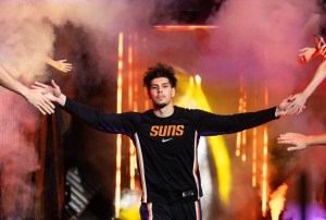 Oct 22, 2025; Phoenix, Arizona, USA; Phoenix Suns/Valley Suns guard Koby Brea against the Sacramento Kings at the Mortgage Matchup Center. Mandatory Credit: Mark J. Rebilas-Imagn Images