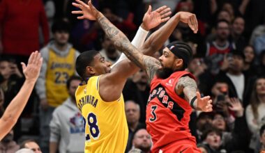 Dec 4, 2025; Toronto, Ontario, CAN; Los Angeles Lakers forward Rui Hachimura (28) shoots the game winning basket at the buzzer past Toronto Raptors forward Brandon Ingram (3) in the second half at Scotiabank Arena. Mandatory Credit: Dan Hamilton-Imagn Images