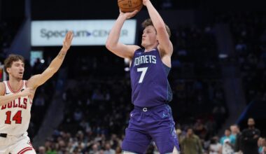 Hornets rookie Kon Knueppel takes a shot against the Bulls during the 2025-26 NBA season.