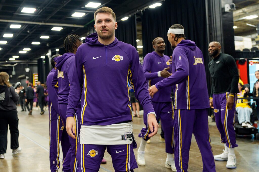Dec 14, 2025; Phoenix, Arizona, USA; Los Angeles Lakers guard Luka Doncic (77) looks on before the game against the Phoenix Suns at Mortgage Matchup Center. Mandatory Credit: Allan Henry-Imagn Images