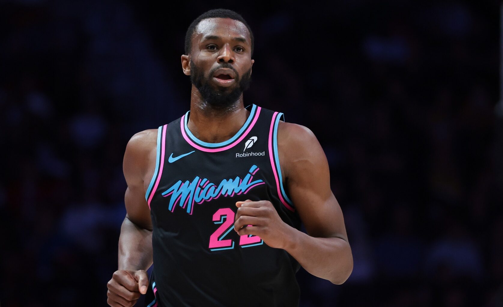 Heat forward Andrew Wiggins runs the floor against the Pacers during the 2025-26 NBA season.