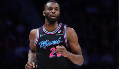 Heat forward Andrew Wiggins runs the floor against the Pacers during the 2025-26 NBA season.