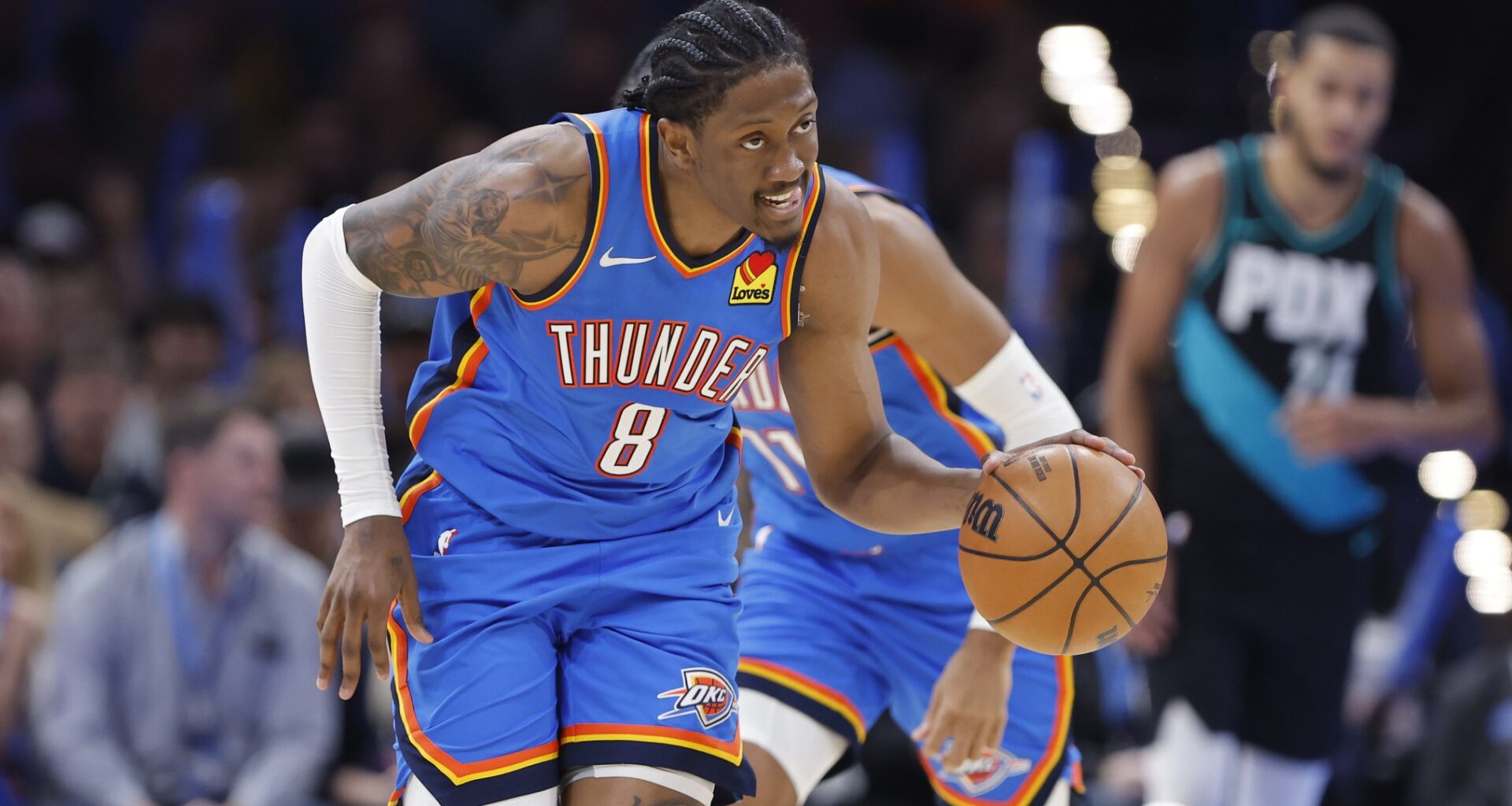 Dec 31, 2025; Oklahoma City, Oklahoma, USA; Oklahoma City Thunder guard Jalen Williams (8) dribbles down the court against the Portland Trail Blazers during the second half at Paycom Center. Mandatory Credit: Alonzo Adams-Imagn Images