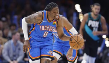 Dec 31, 2025; Oklahoma City, Oklahoma, USA; Oklahoma City Thunder guard Jalen Williams (8) dribbles down the court against the Portland Trail Blazers during the second half at Paycom Center. Mandatory Credit: Alonzo Adams-Imagn Images