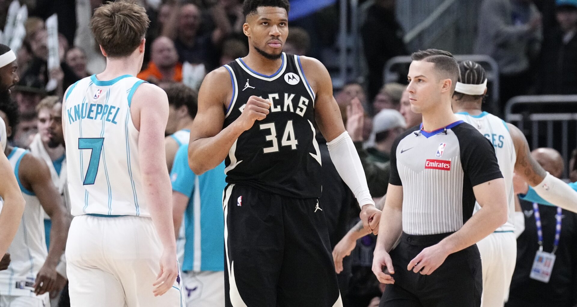Bucks superstar Giannis Antetokounmpo celebrates a play against the Hornets during the 2025-26 NBA season.