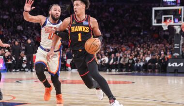 Atlanta Hawks forward Jalen Johnson (1) drives past New York Knicks guard Jalen Brunson (11) in the third quarter at Madison Square Garden.
