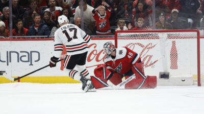 Jan 3, 2026; Washington, District of Columbia, USA; Chicago Blackhawks left wing Nick Foligno (17) scores the game winning goal on Washington Capitals goaltender Logan Thompson (48) in a shootout at Capital One Arena. Mandatory Credit: Geoff Burke-Imagn Images