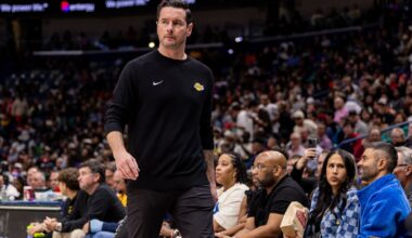 Jan 6, 2026; New Orleans, Louisiana, USA; Los Angeles Lakers Head Coach JJ Redick looks on against the New Orleans Pelicans during the first half at Smoothie King Center. Mandatory Credit: Stephen Lew-Imagn Images