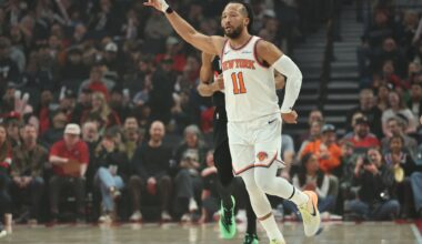 Jan 11, 2026; Portland, Oregon, USA; New York Knicks guard Jalen Brunson (11) reacts after scoring a three-point shot against the Portland Trail Blazers during the first half at Moda Center. Mandatory Credit: Jaime Valdez-Imagn Images
